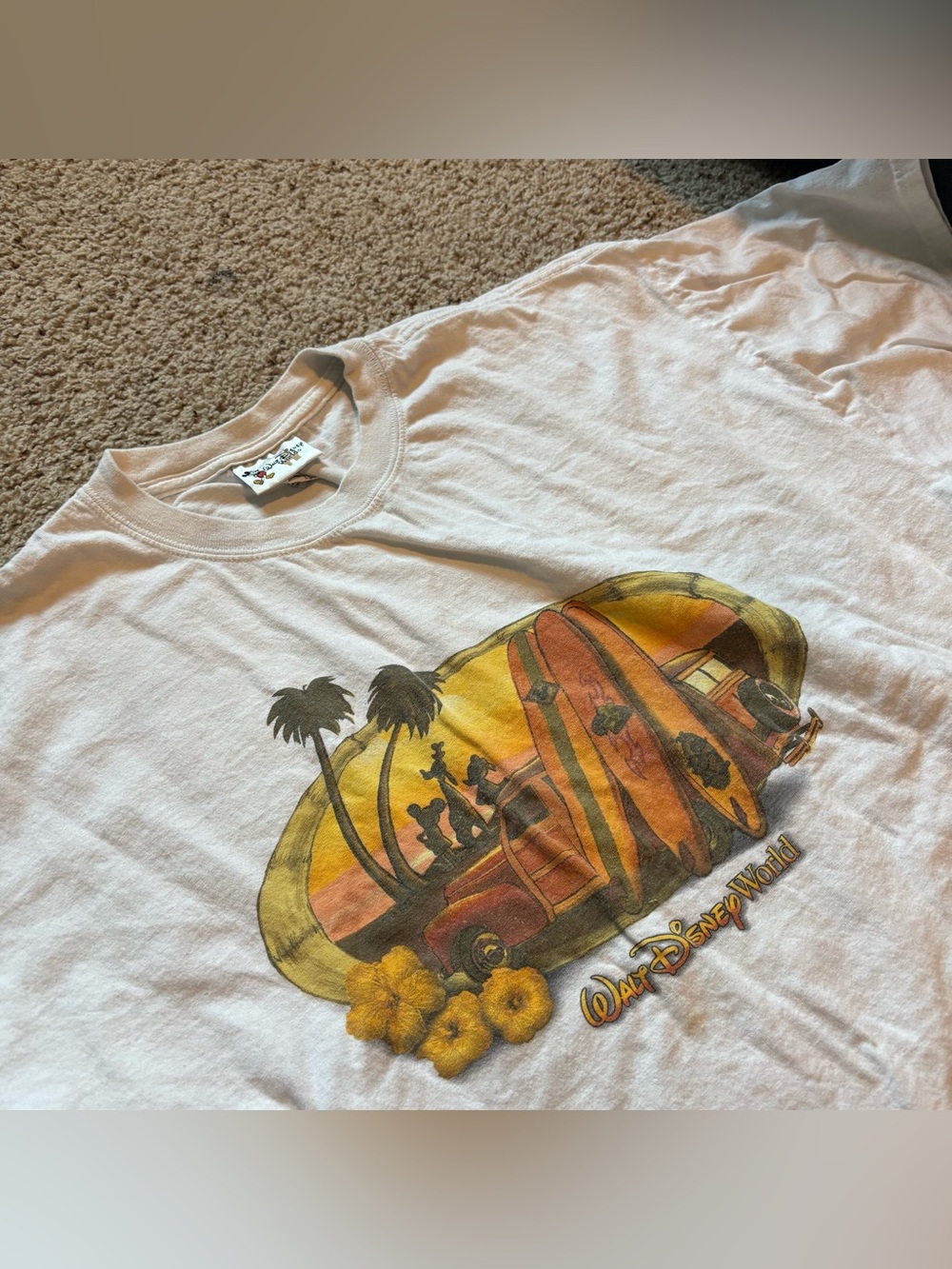 Disney White Tee with Sunset Surfboard & Palm Graphic